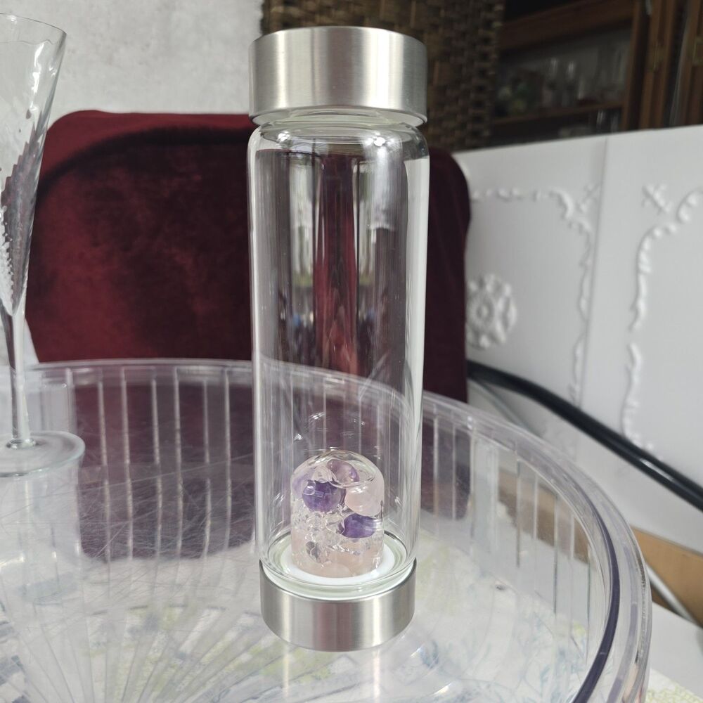 VitaJuwel ViA Wellness Gemstone Water Bottle Rose Quartz Amethys Crystals 16.9oz